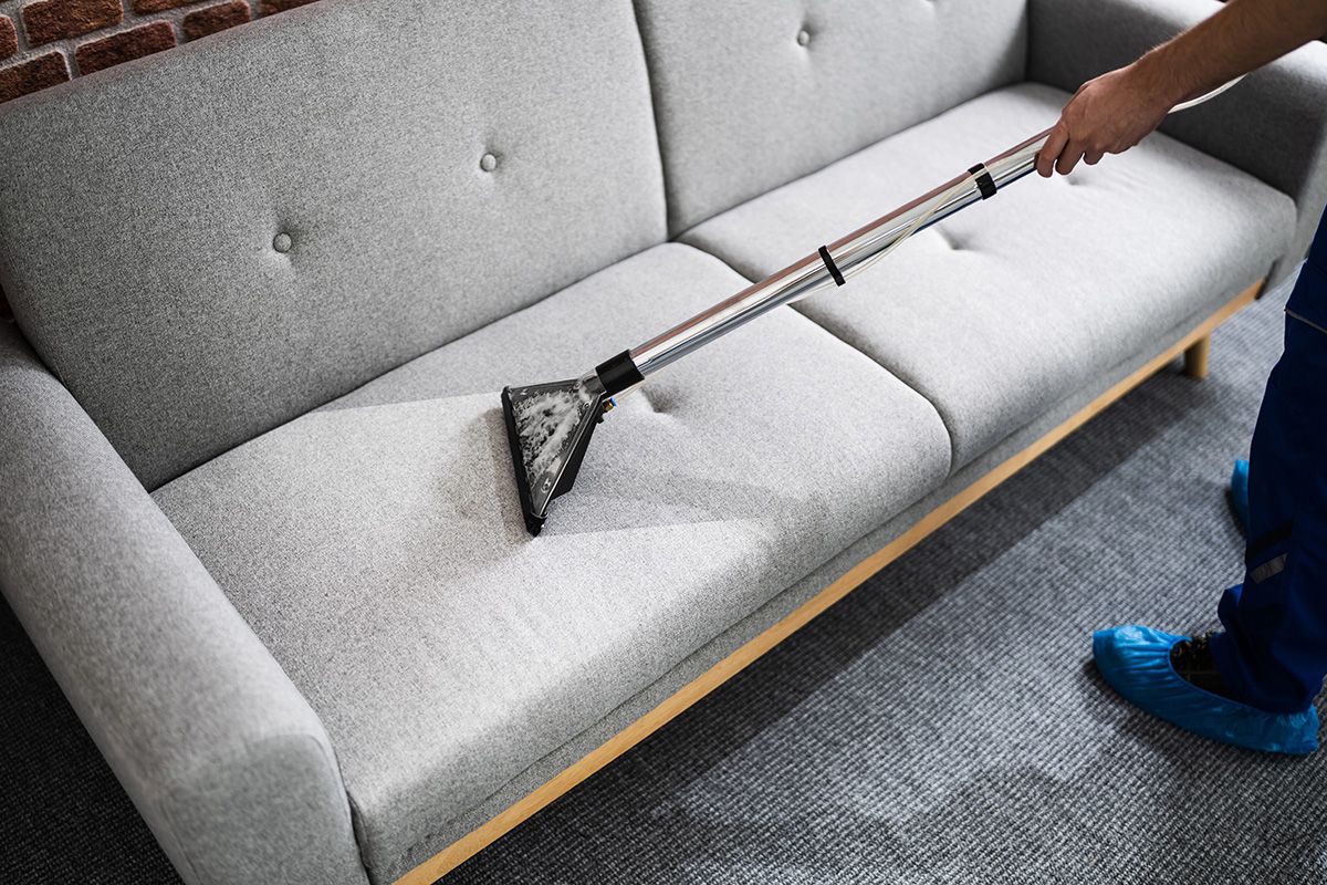 Technician steam-cleaning a fabric sofa in a modern home